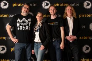 Der Vorstand der Piratenpartei Schweiz (Jorgo Ananiadis, Nicole Rüegger, Jonas Sulzer, Philippe Burger (v.l.n.r)